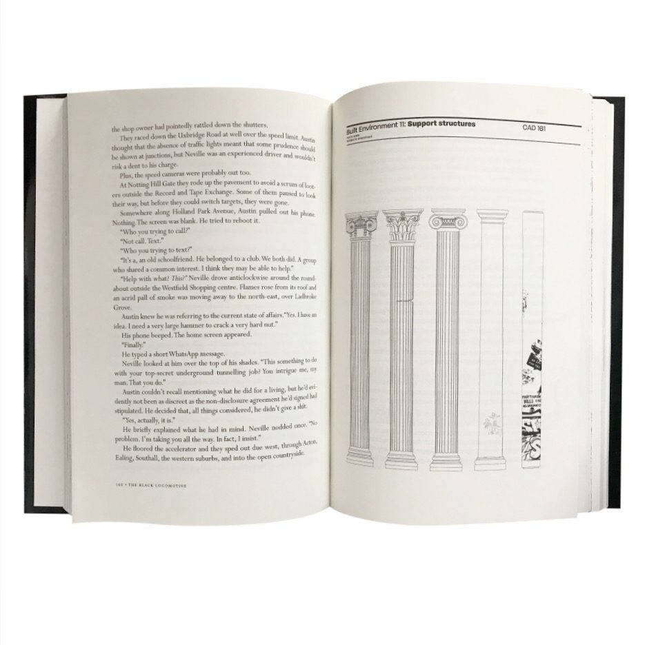 A couple of pages from inside the book. One page is filled with writing, and the other is illustrations of various column types.