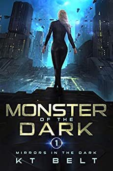 The cover for Monster of the Dark which shows a woman in a black skin-tight suit walking into a sci-fi city.