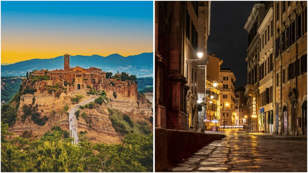 Photos of Civita di Bagnoregio and Rome.