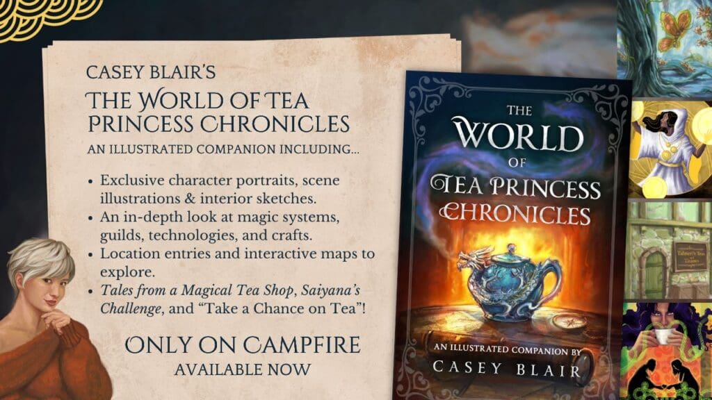 Info about the World of Tea Princess Chronicles' contents including exclusive art, detailed descriptions of places and magic systems, and short fiction.