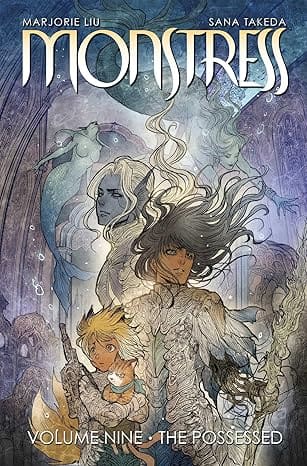 The cover of Monstress, Volume 9: The Possessed, featuring the characters Maika, Kippa, Ren, and Areka.