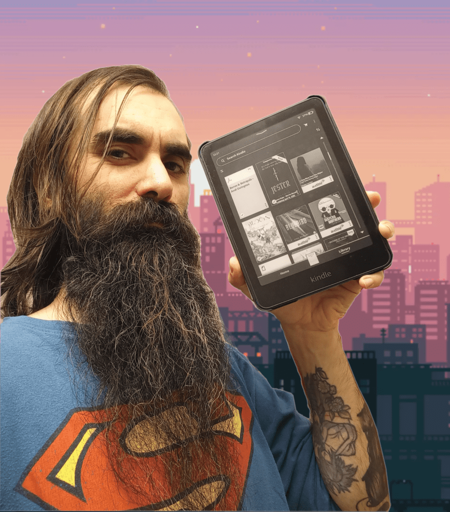 Just a beard and a kindle.
Background image courtesy of Freepik.