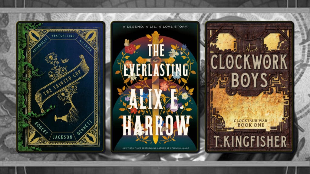 The Tainted Cup, The Everlasting, and Clockwork Boys book covers.